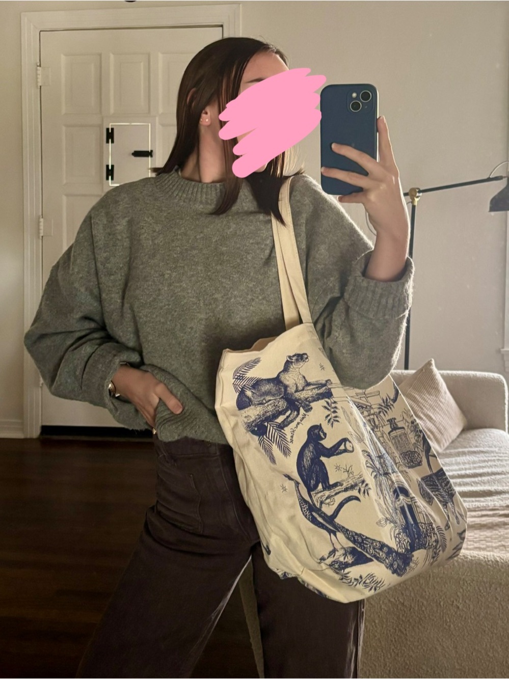 Sezane Cream Canvas Tote with Blue Jungle Animal Print